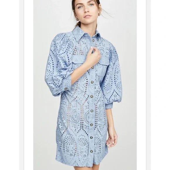 Ganni NWT Balloon-Sleeve Broderie Anglaise Mini Shirt Dress (Size 34) - Picture 2 of 8